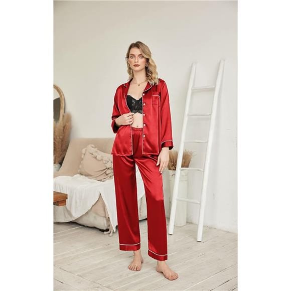 Ekouaer Women's Classic Button Down Long Satin Silk Pajama Set - Picture 3 of 6